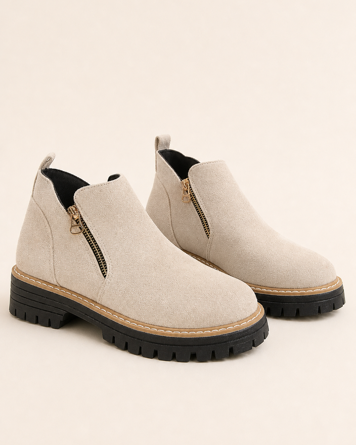 Bottines à Semelle Crantée et Zip – Beige