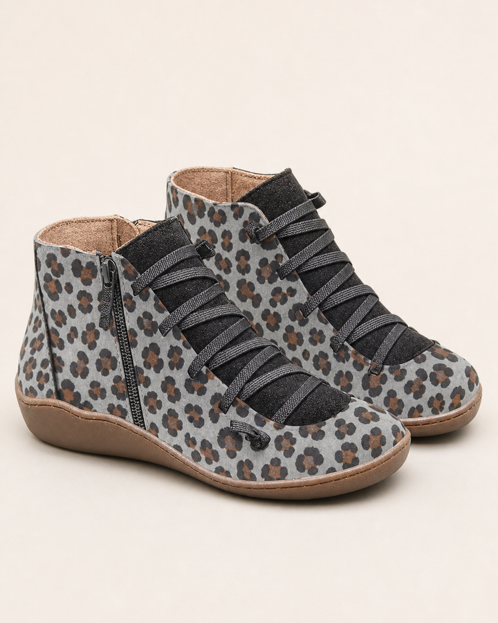 Bottines Confortables à Zip Latéral – Gris Léopard