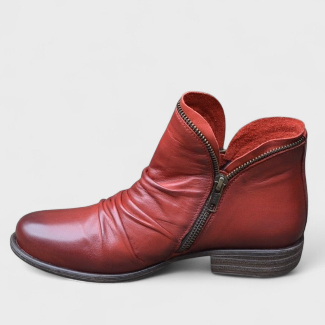 Bottines Drapées à Zip Asymétrique – Rouge