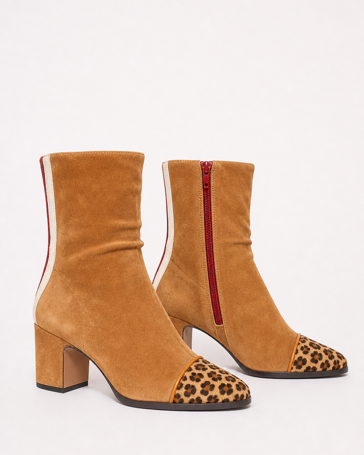Bottines Élégantes à Talon Bloc – Tan Léopard