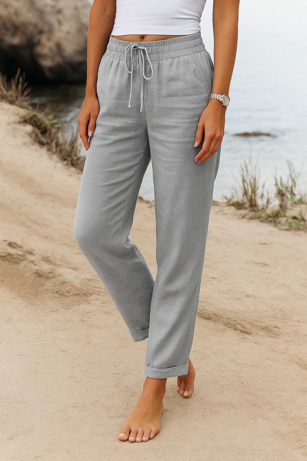 Lysora | Pantalon Droit Taille Haute Lien Ajustable Lin Léger Casual Été Pour Femme