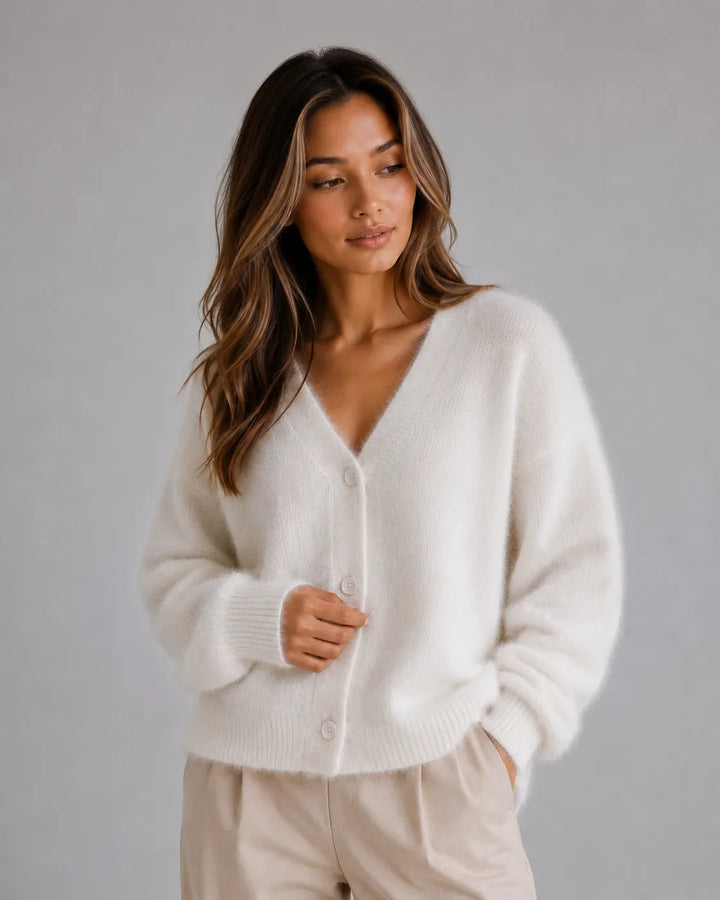Cardigan Douillet à Col V – Blanc