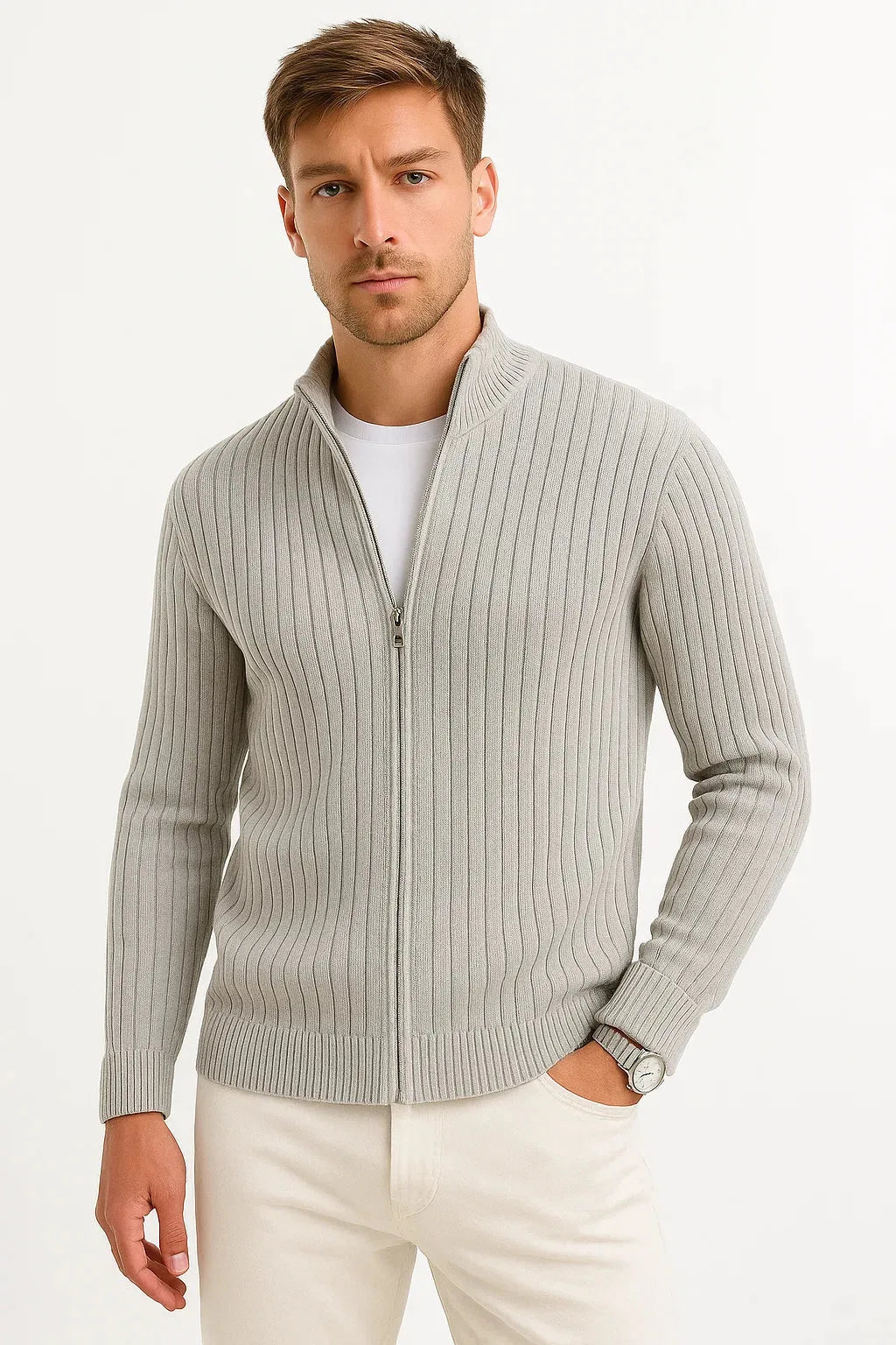 Cardigan Droit à Col Montant – Gris