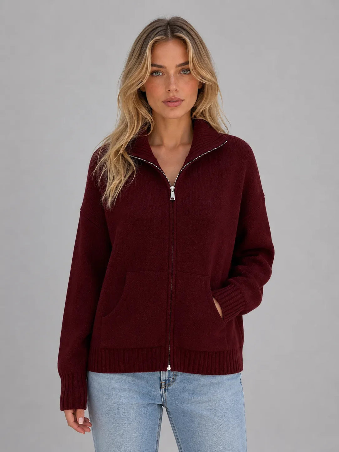 Cardigan Essentiel à Col Cheminée – Bordeaux