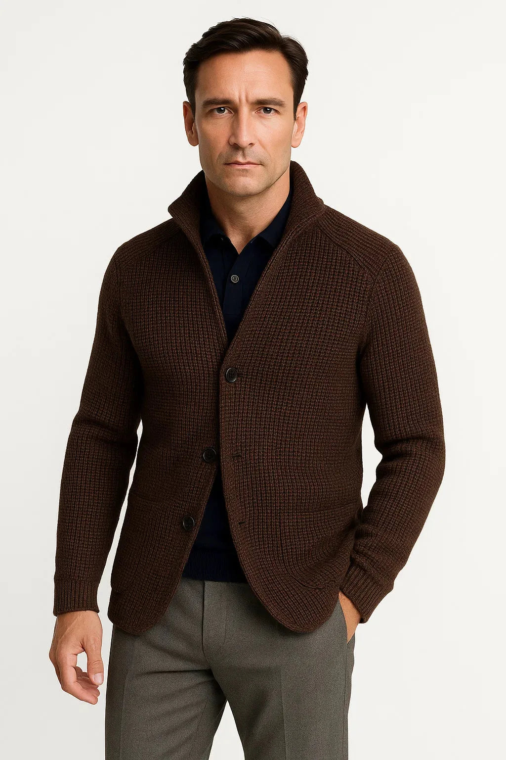 Cardigan Homme à Col Droit – Marron