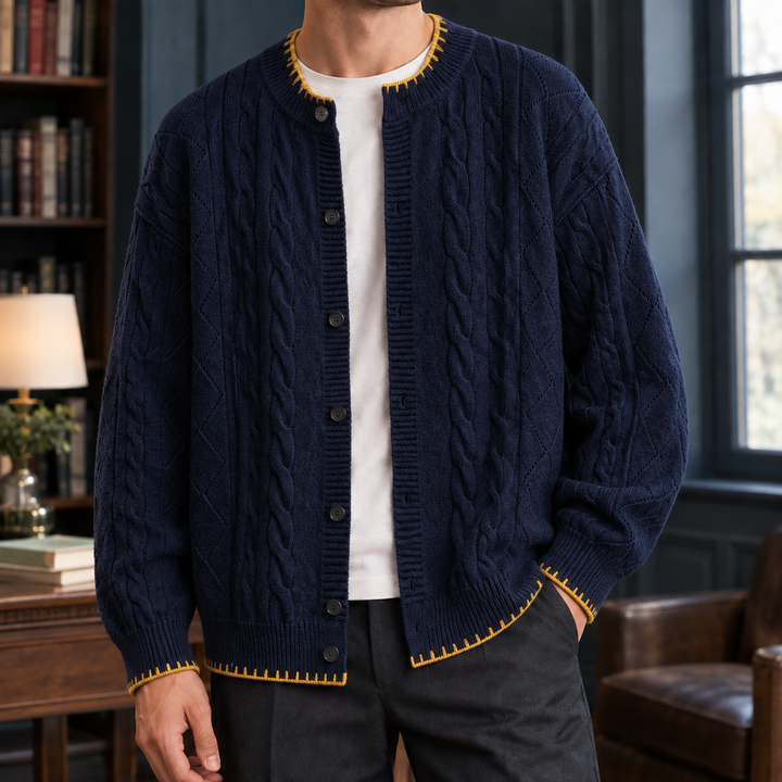 Cardigan Texturé à Liseré Contrastant – Bleu Marine