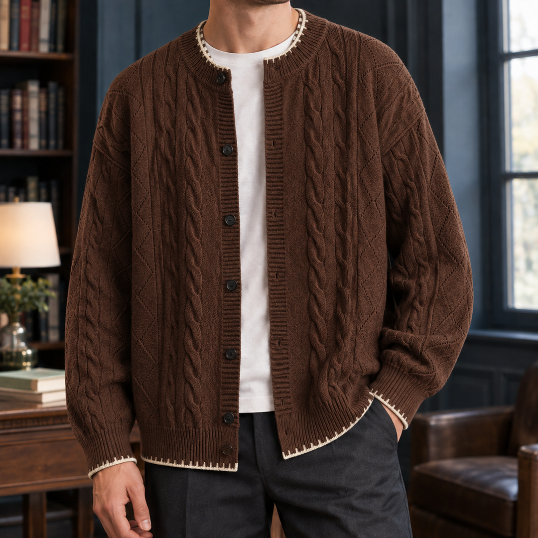 Cardigan Texturé à Liseré Contrastant – Café