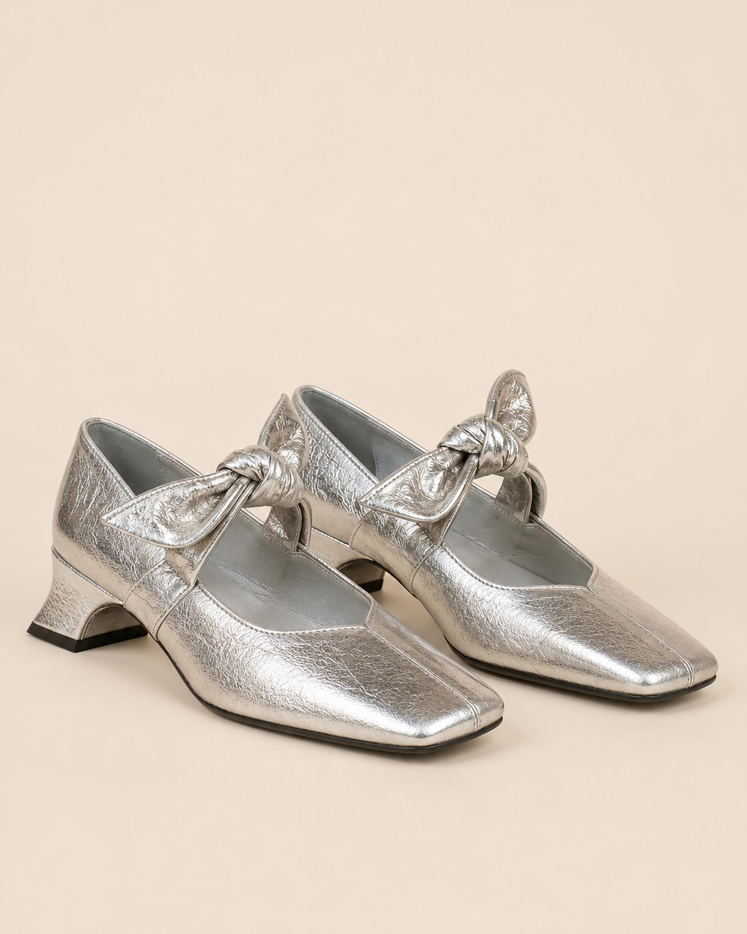 Chaussures à Talon Bloc et Nœud – Argenté
