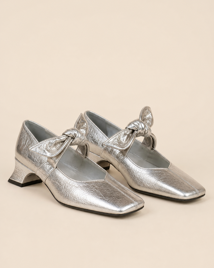 Chaussures à Talon Bloc et Nœud – Argenté