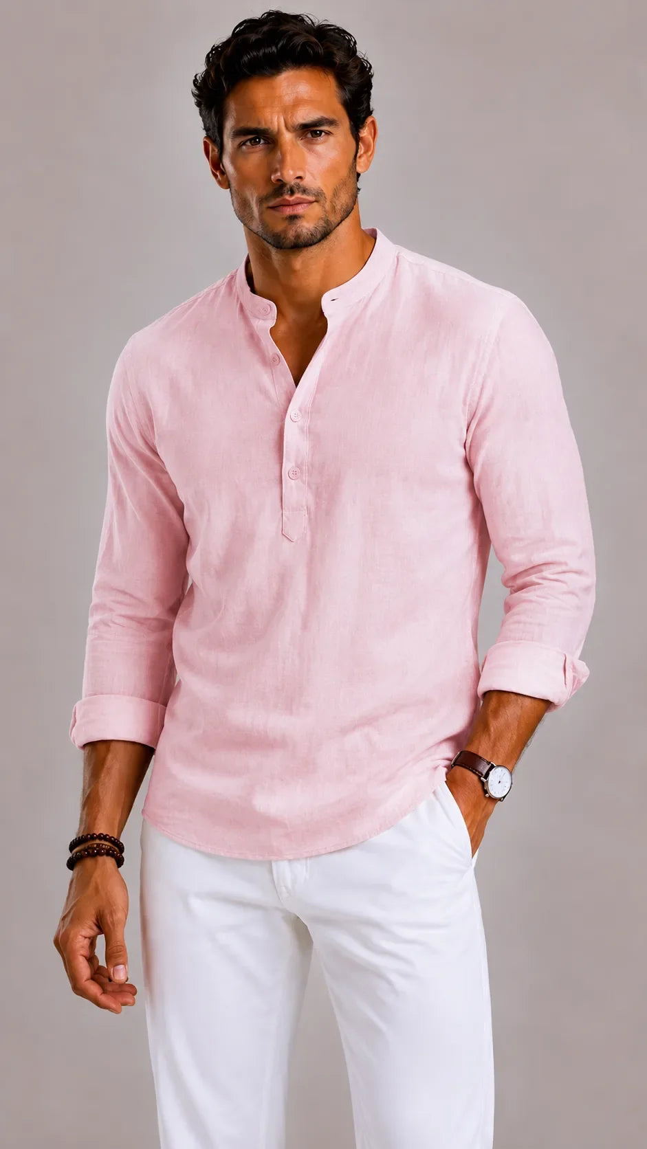 Chemise Homme à Col Mao – Rose