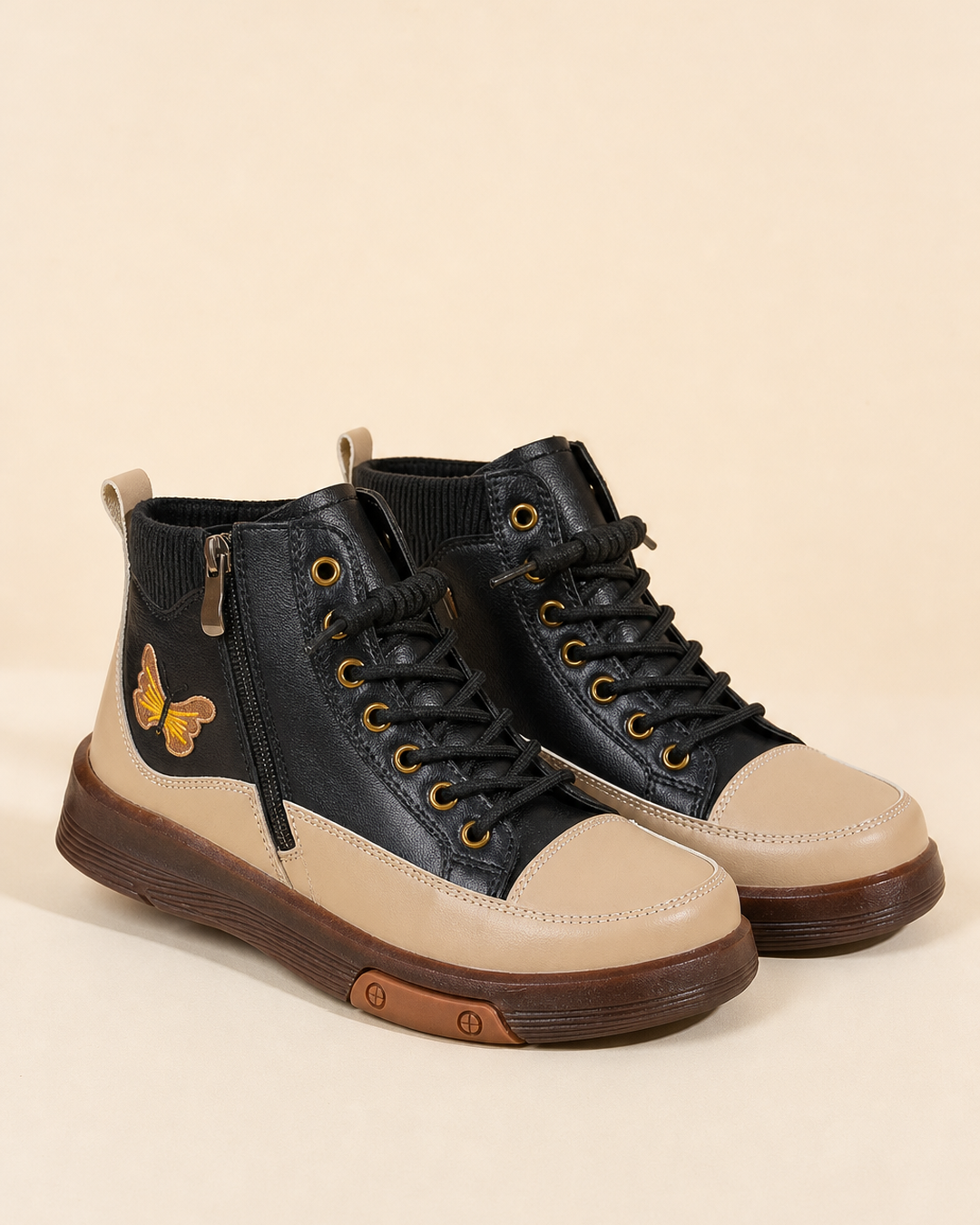 Bottines Montantes Style Urbain – Beige/Noir