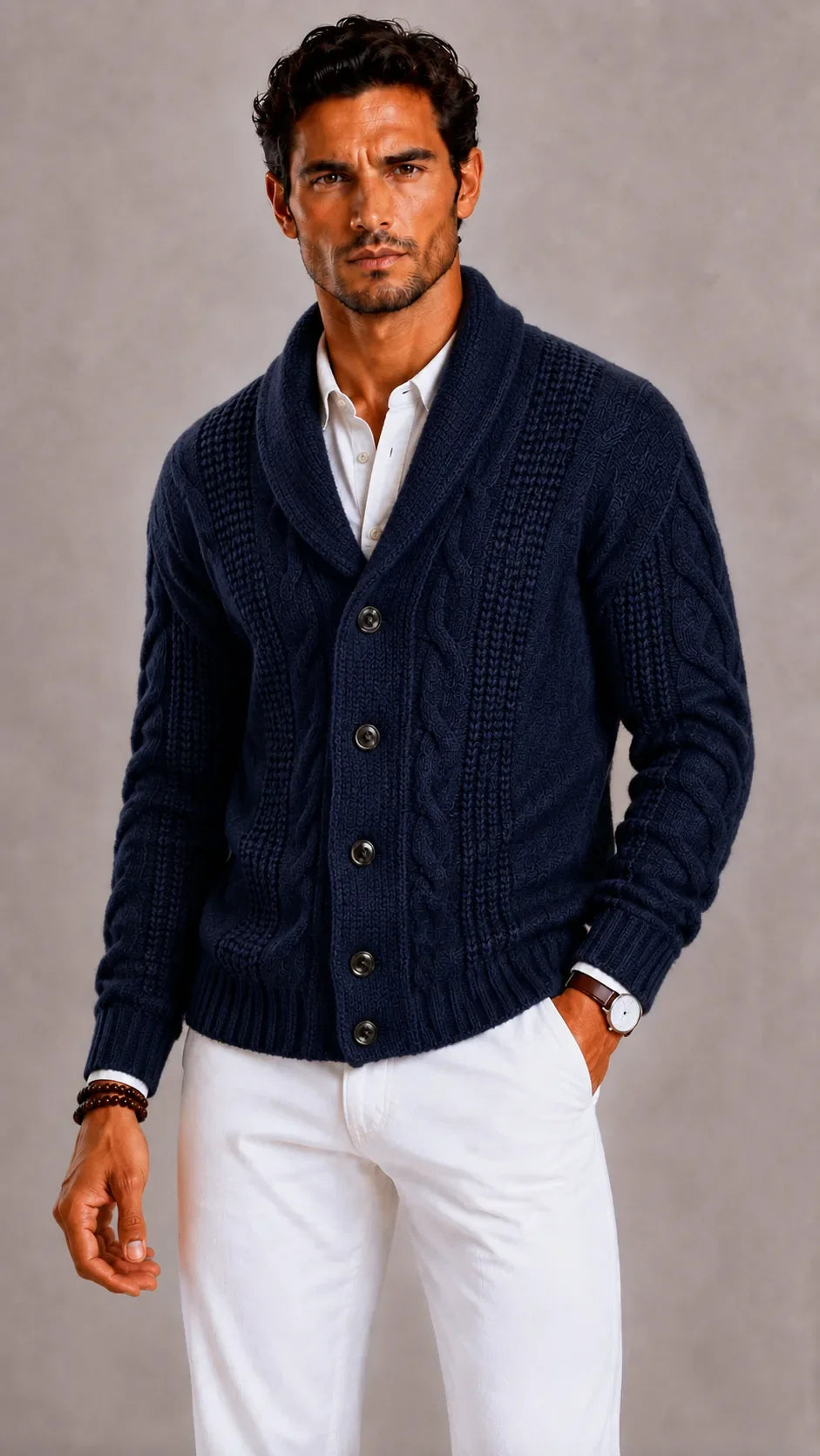 Cardigan à Torsades et Col Châle – Bleu Foncé