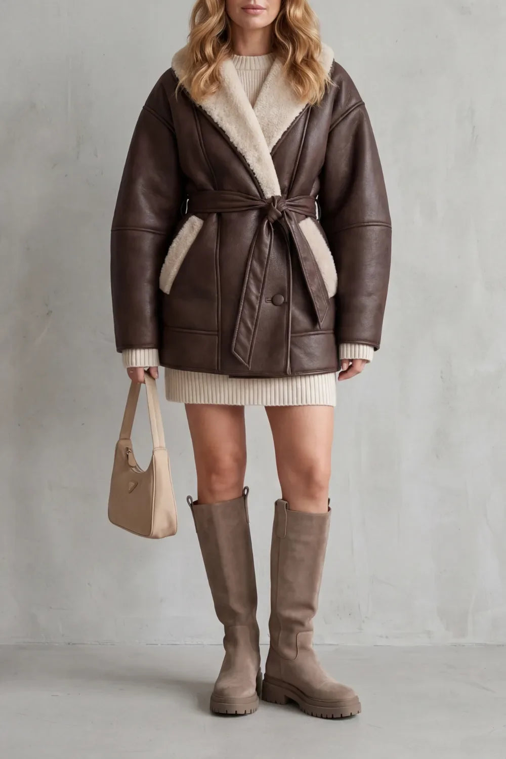 Manteau Enveloppant à Col Douillet – Marron
