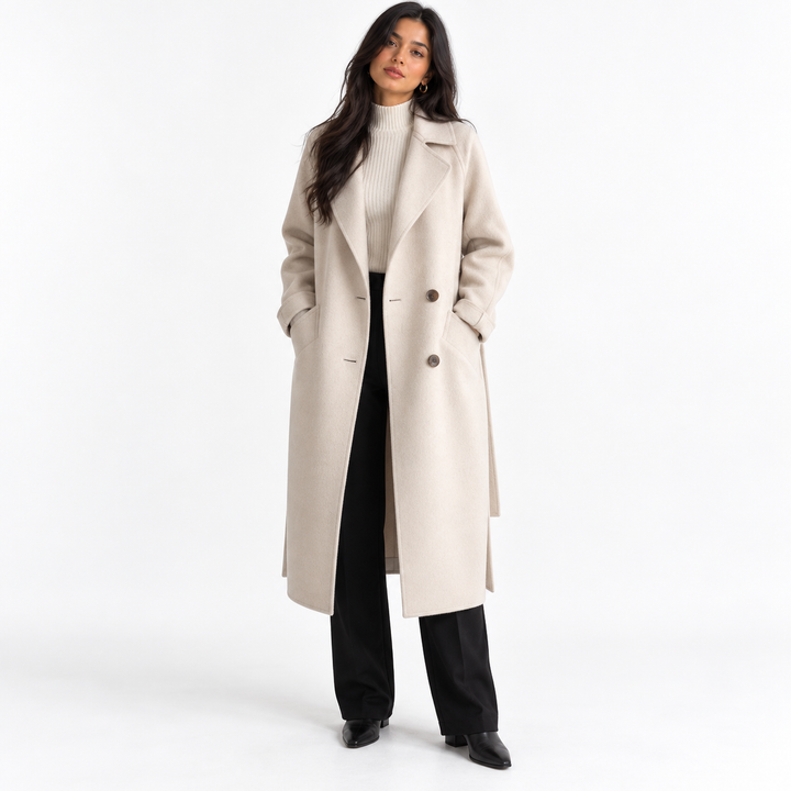 Manteau Long Portefeuille Chic – Blanc Cassé