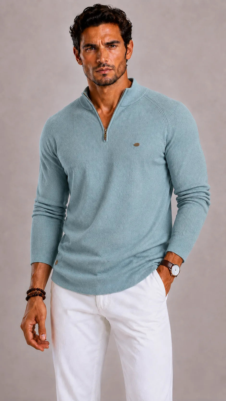 Pull Homme à Col Demi-Ouvert – Bleu Pétrole