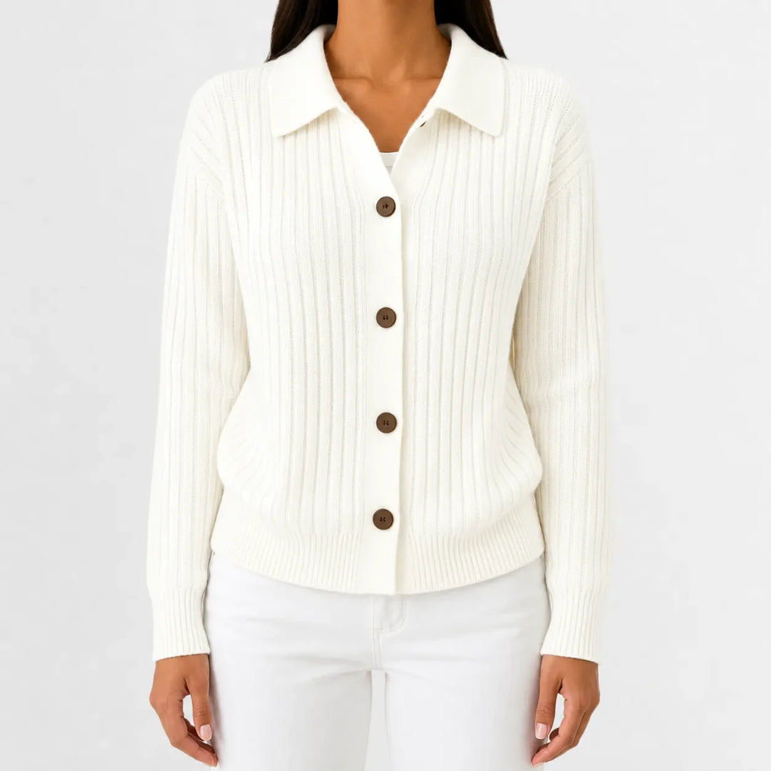 Cardigan Élégant à Col Polo – Crème