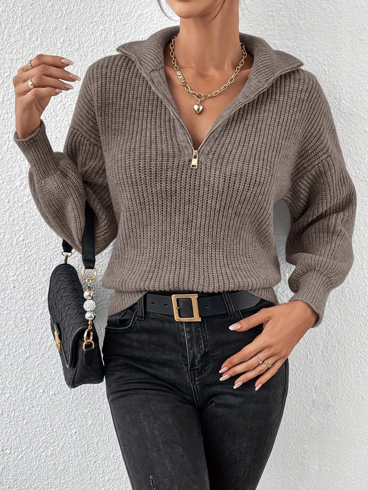 Pull Zippé À Épaules Tombantes Pour Femmes – Élégant Col V Automne/Hiver