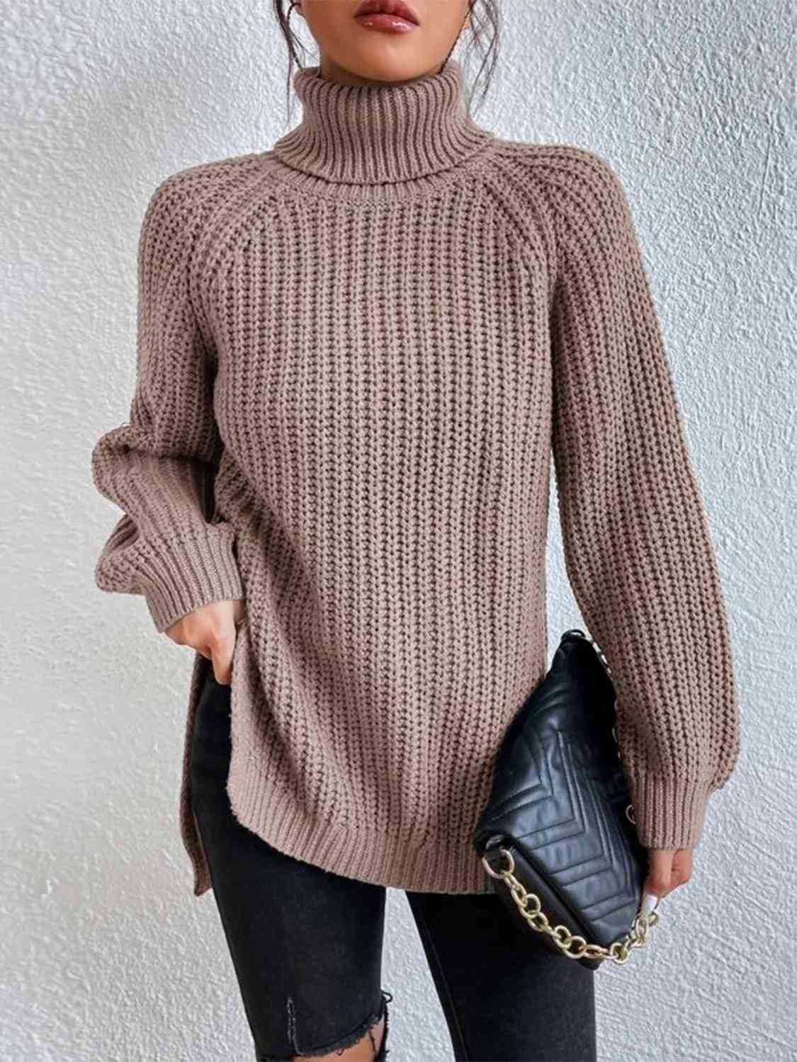 Pull Fendu À Col Roulé En Maille Côtelée Pour Femmes – Tricot Chic Automne/Hiver