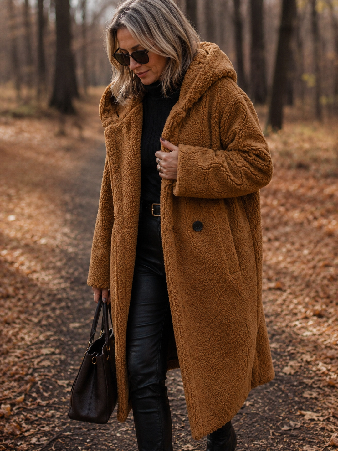 Manteau long douillet à capuche – Doré