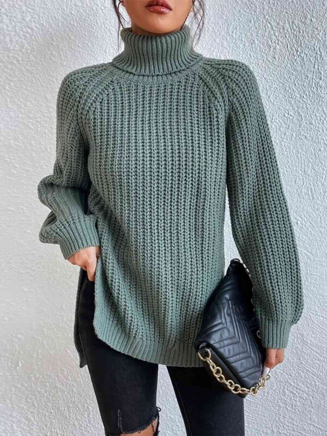Pull Fendu À Col Roulé En Maille Côtelée Pour Femmes – Tricot Chic Automne/Hiver
