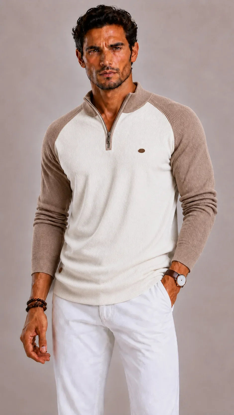 Pull Homme à Col Demi-Ouvert – Blanc