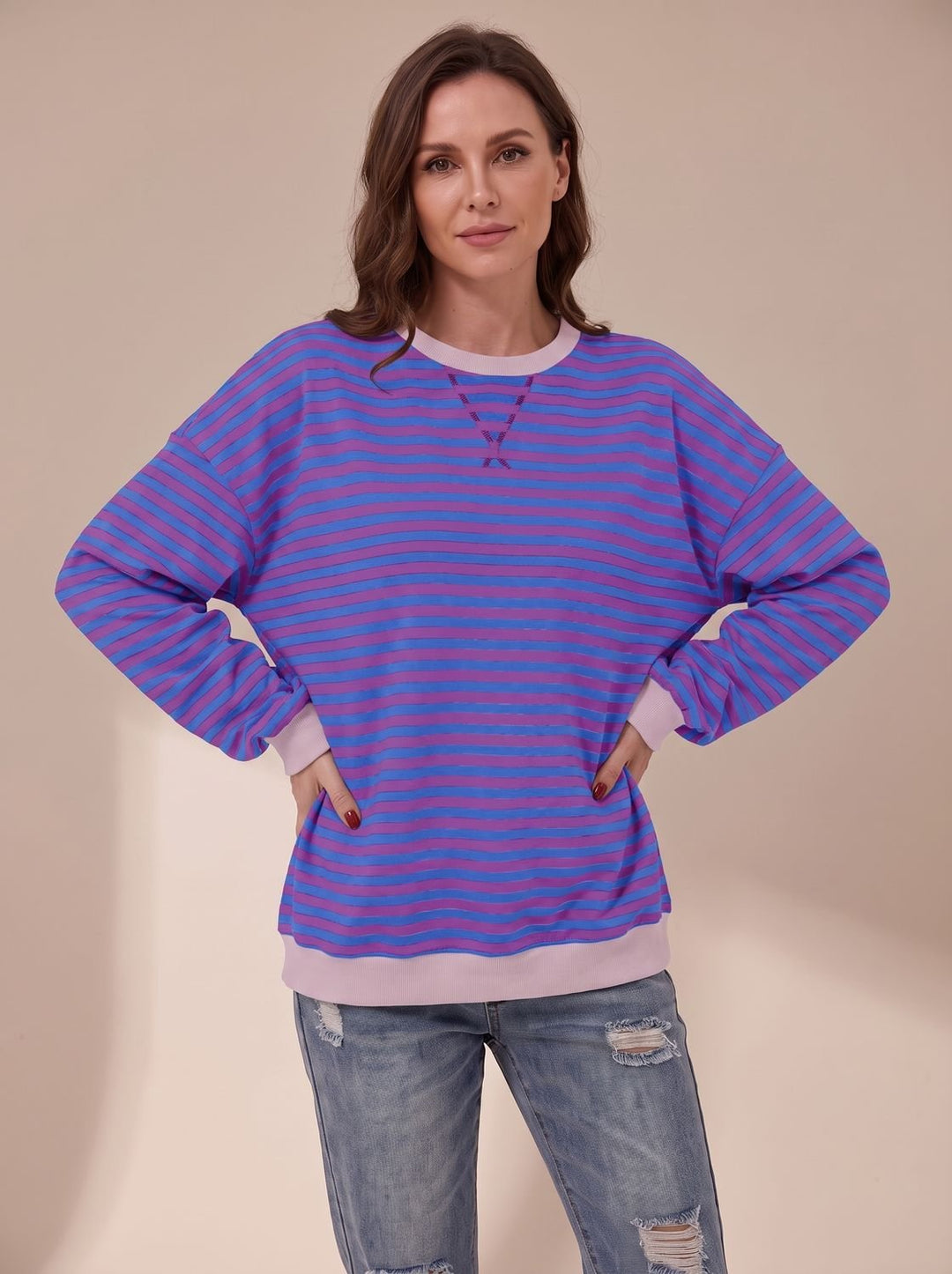 Sweat Ample à Rayures Rétro – Violet