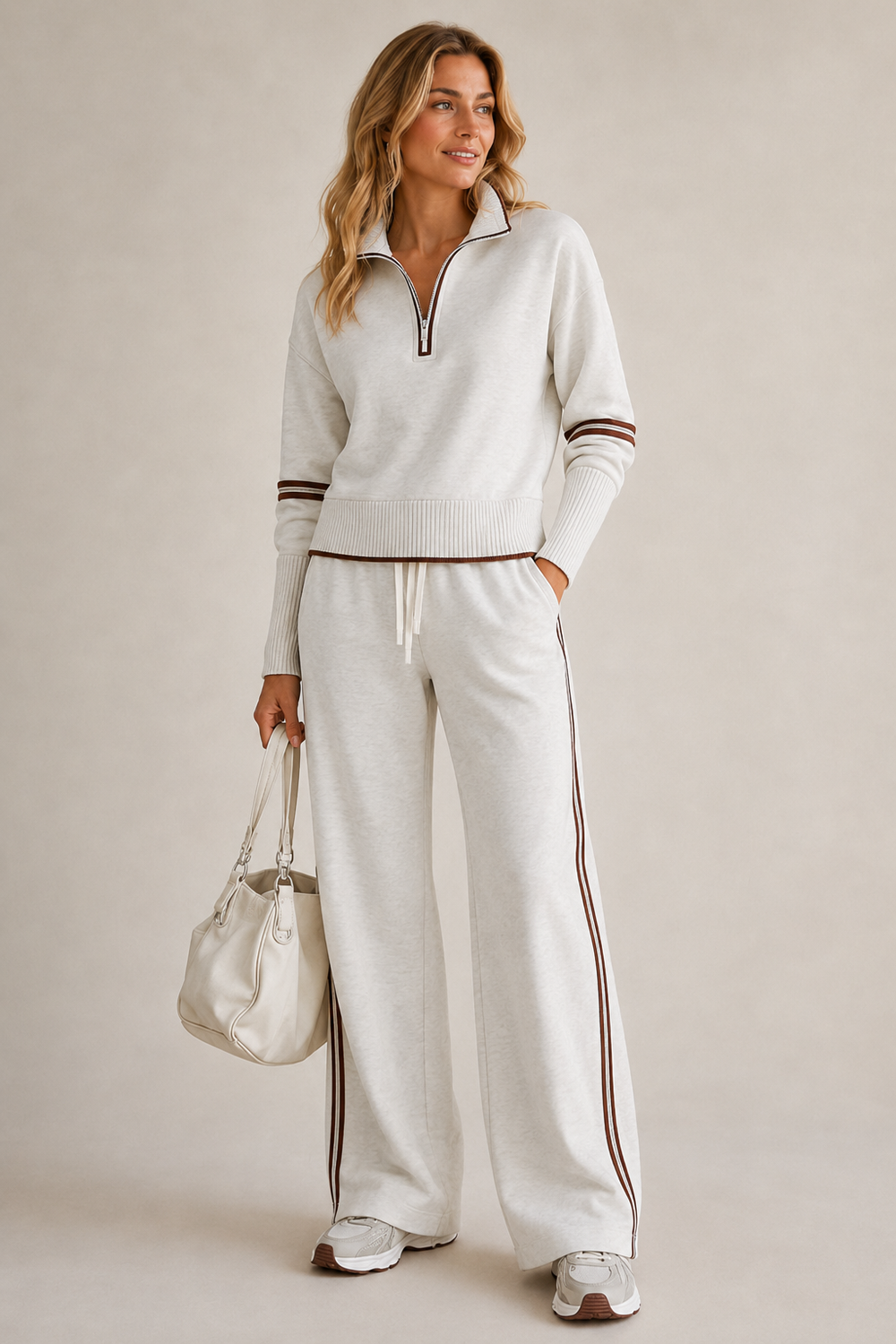 Ensemble Décontracté Col Zippé – Blanc