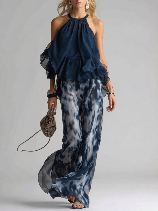 Ensemble Élégant à Volants – Bleu Marino