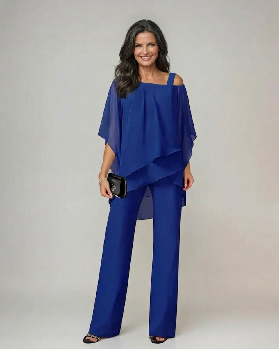 Ensemble Élégant Épaule Dénudée – Bleu