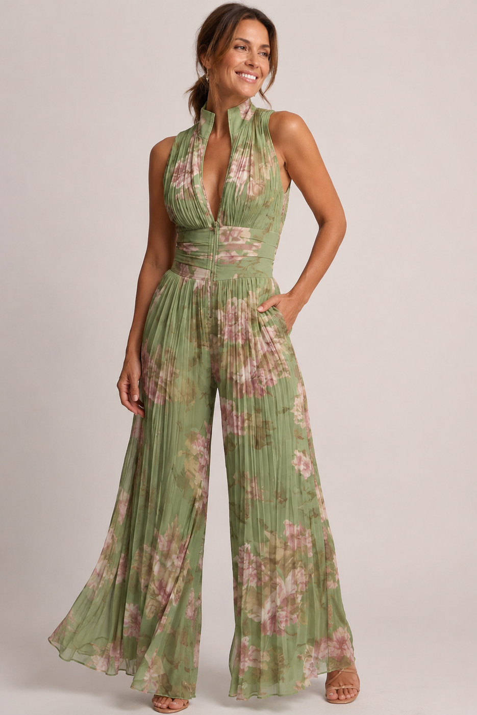 Ensemble Pantalon Plissé Fleuri – Vert