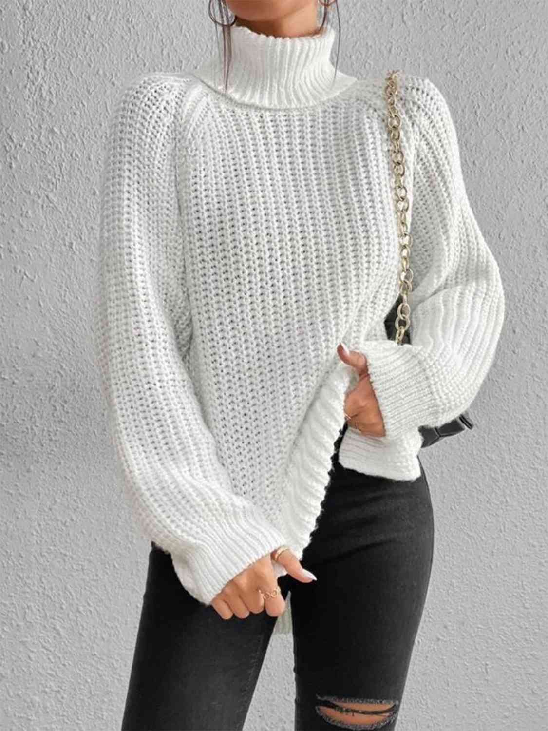 Pull Fendu À Col Roulé En Maille Côtelée Pour Femmes – Tricot Chic Automne/Hiver