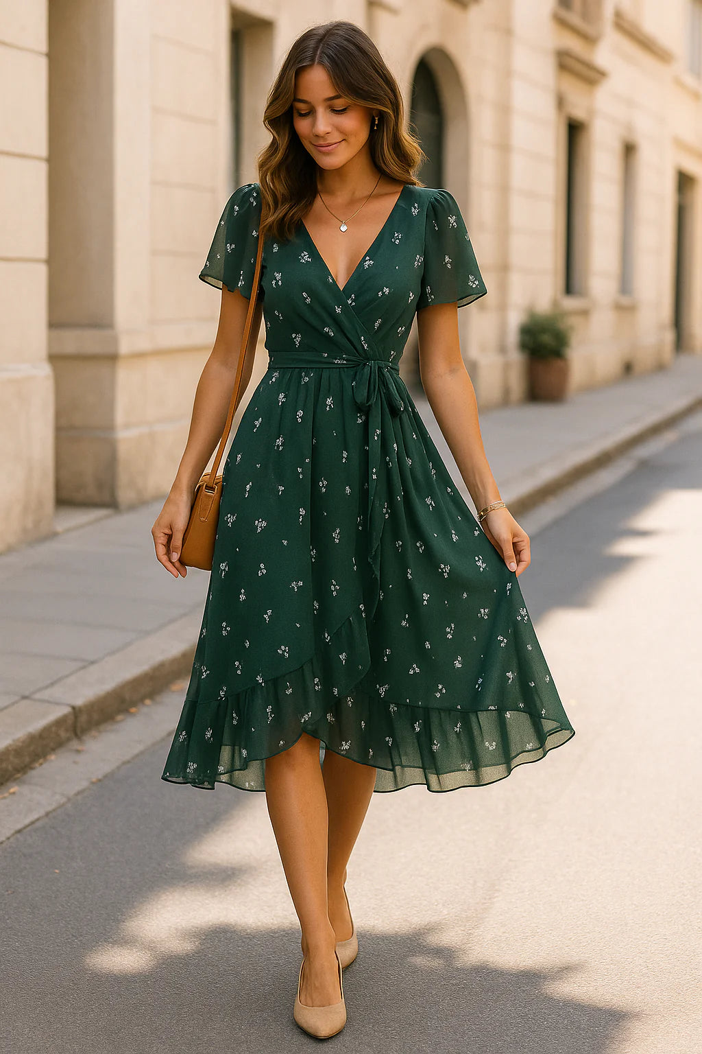 Robe Portefeuille Fleurie – Élégance Décontractée en Vert Forêt
