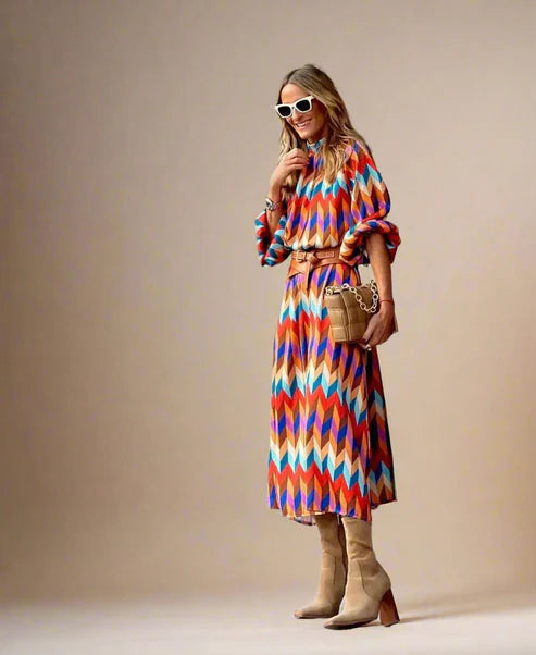Bohème & Colorée – Robe Midi à Imprimé Graphique