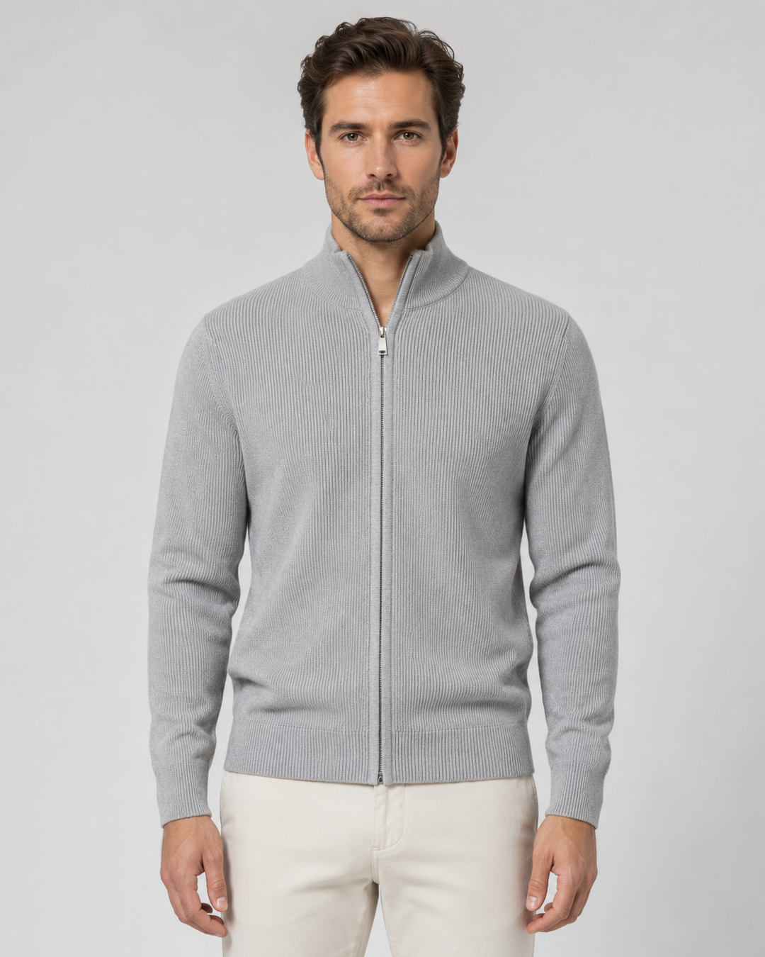 Cardigan Zippé à Col Montant – Gris