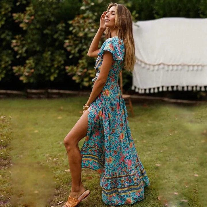 Brienne | Robe maxi portefeuille style bohème avec fente haute pour femmes