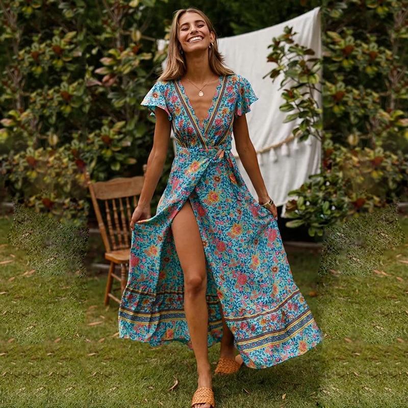 Brienne | Robe maxi portefeuille style bohème avec fente haute pour femmes