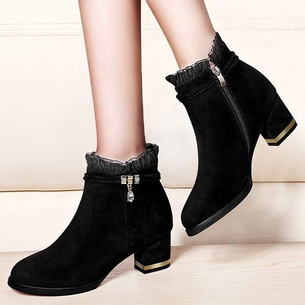 Bottines en Suédine avec Talon Carré | Élégance et Chaleur | Bordure en Fausse Fourrure