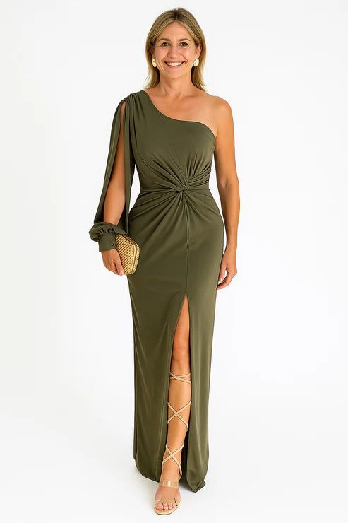 Robe Asymétrique Élégante – Vert Olive & Coupe Fluide Chic