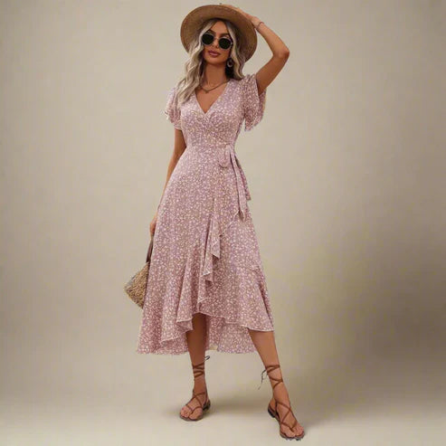 Légère & Fleurie – Robe d’Été Rose et Bleu à Imprimé