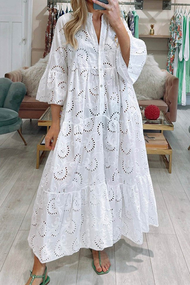 Lunaria | Robe Longue Broderie Anglaise Manches Évasées Bohème Chic Été Pour Femme