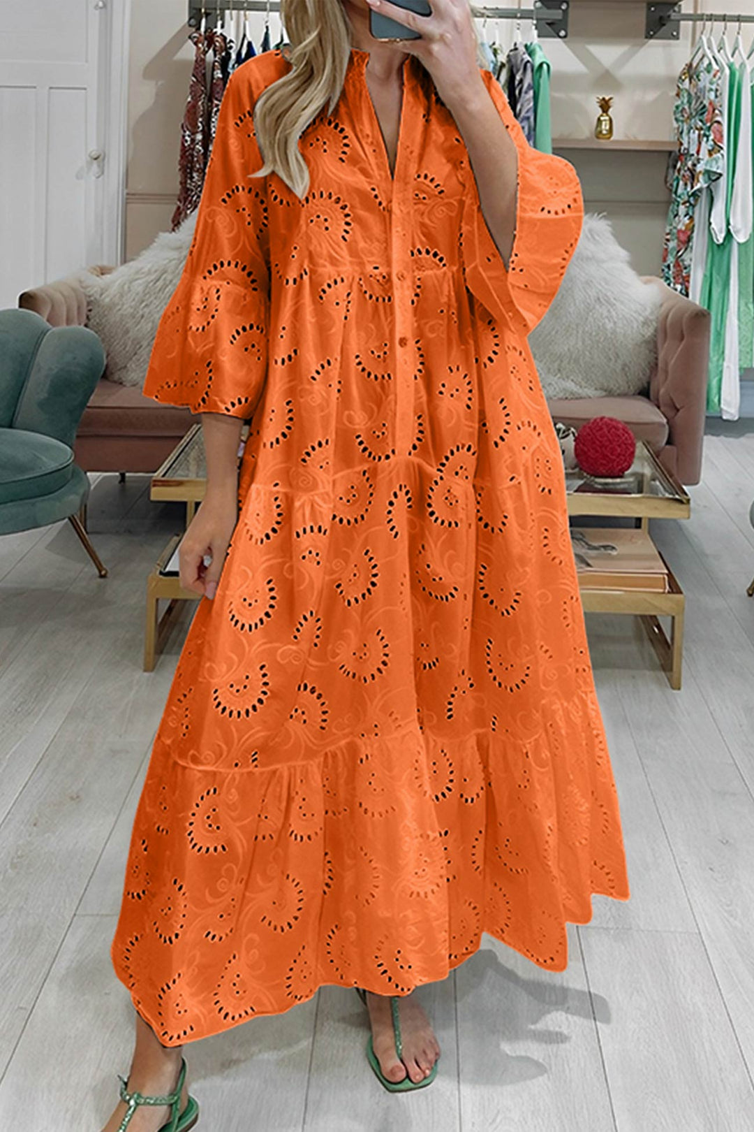 Lunaria | Robe Longue Broderie Anglaise Manches Évasées Bohème Chic Été Pour Femme