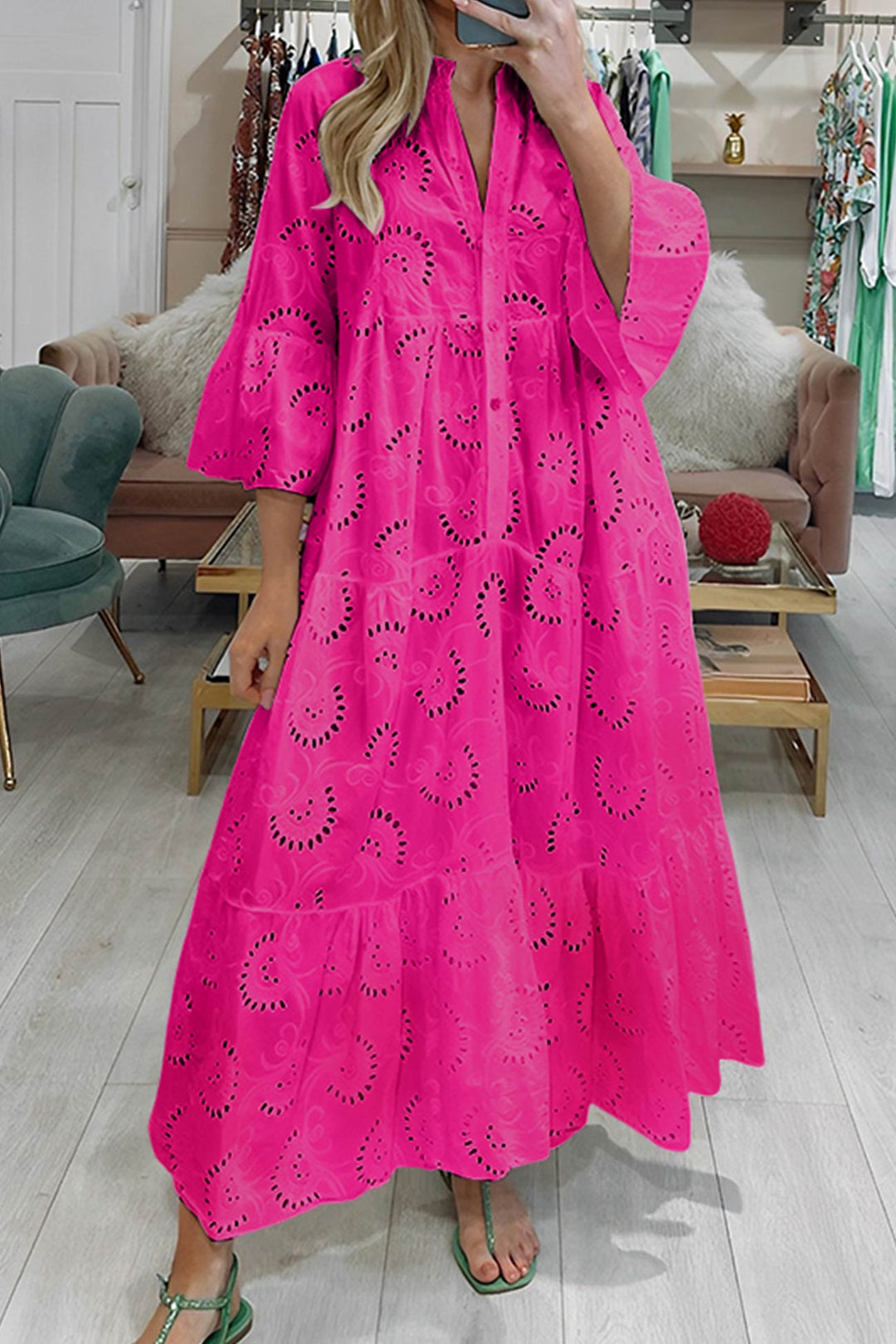 Lunaria | Robe Longue Broderie Anglaise Manches Évasées Bohème Chic Été Pour Femme