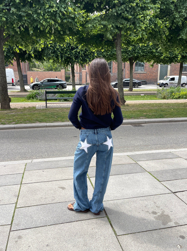 Starista | Jean Droit Taille Haute Broderie Étoile Coupe Ample Casual Streetwear Pour Femme