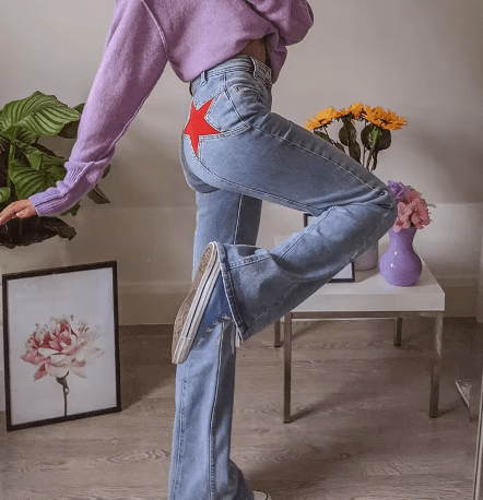 Starista | Jean Droit Taille Haute Broderie Étoile Coupe Ample Casual Streetwear Pour Femme