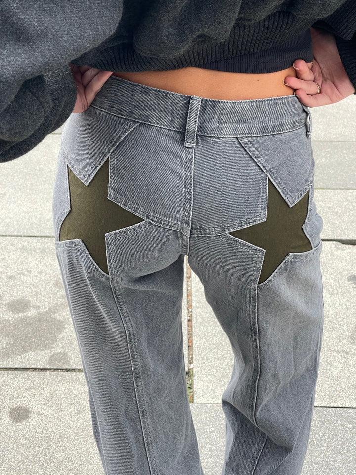 Starista | Jean Droit Taille Haute Broderie Étoile Coupe Ample Casual Streetwear Pour Femme