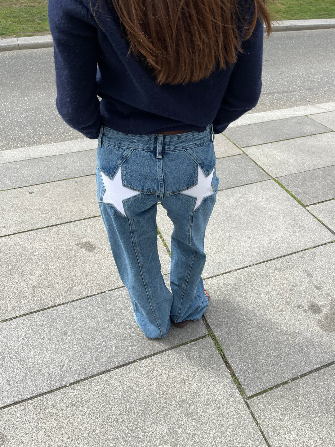Starista | Jean Droit Taille Haute Broderie Étoile Coupe Ample Casual Streetwear Pour Femme