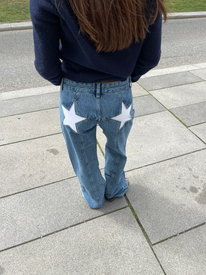 Starista | Jean Droit Taille Haute Broderie Étoile Coupe Ample Casual Streetwear Pour Femme