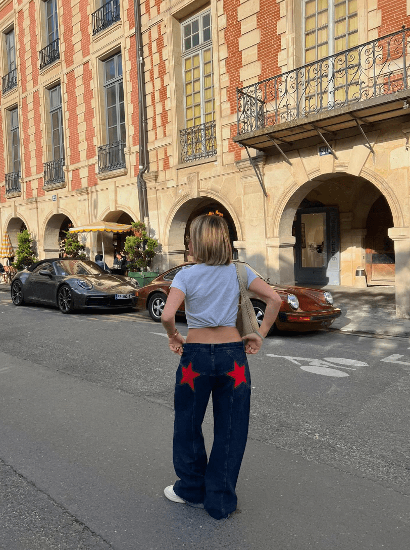 Starista | Jean Droit Taille Haute Broderie Étoile Coupe Ample Casual Streetwear Pour Femme
