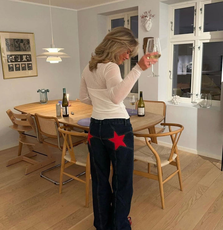 Starista | Jean Droit Taille Haute Broderie Étoile Coupe Ample Casual Streetwear Pour Femme