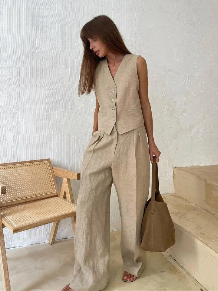 Linéora | Ensemble Deux Pièces Gilet Sans Manches Pantalon Large Lin Chic Été Pour Femme